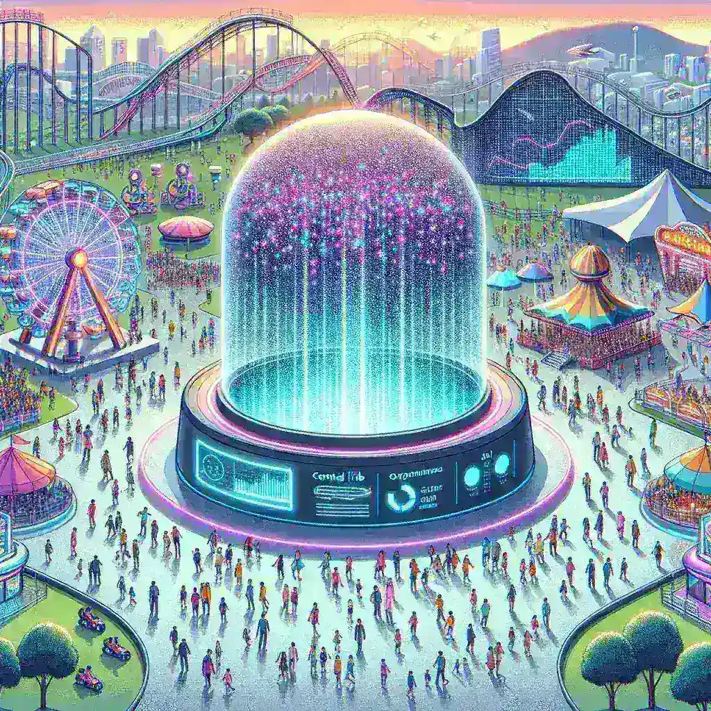"AI-powered scheduling optimization tools for Disney parks, enhancing visitor experience and attraction wait times in a vibrant amusement park setting."
